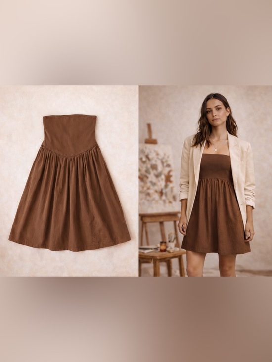 Anthropologie Dresses & Skirts - Anthropologie Brown Strapless Mini Dress Large Cotton‎ Boho Indie Quiet Luxury